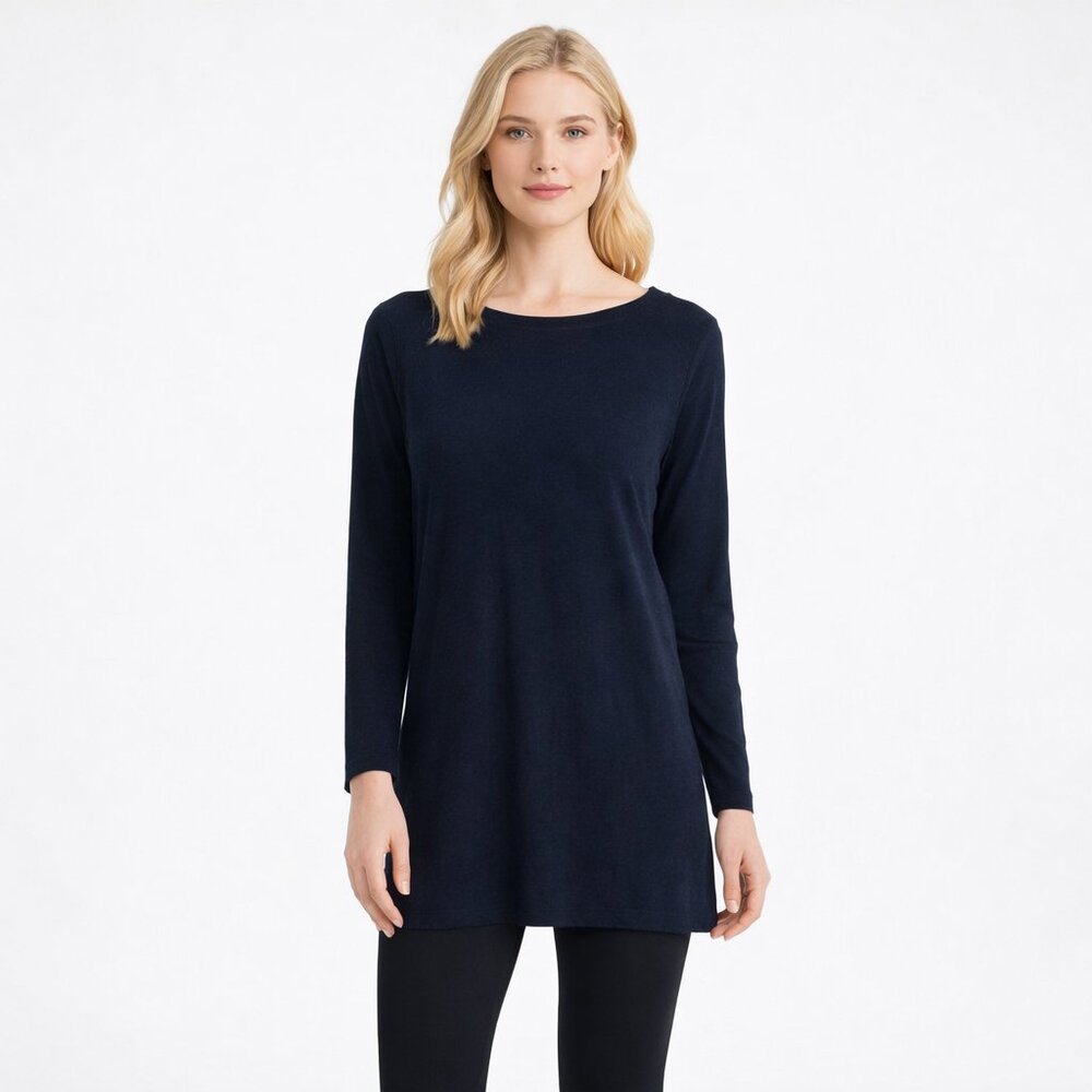 2/$30 Eileen Fisher Bateau Neck Tunic Top XS  Side Slit Black #A5738
